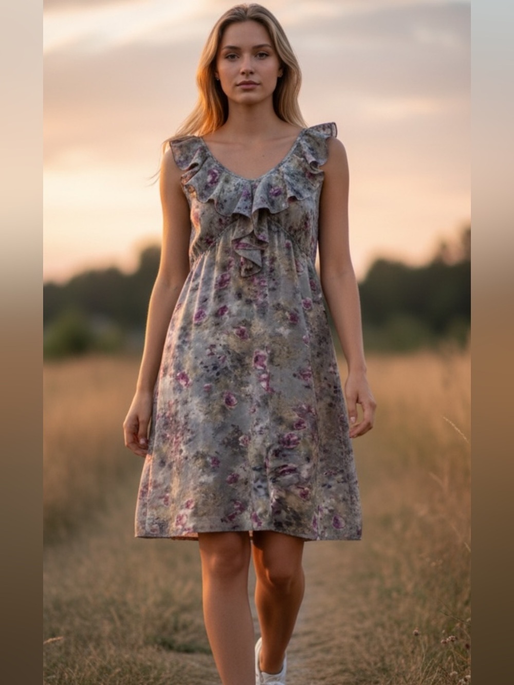 ANN TAYLOR LOFT dress, muted floral colors,high waist, large ruffle, sz 8